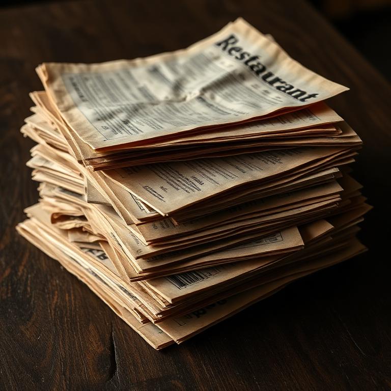 ערימת תפריטי נייר ישנים ומקומטים